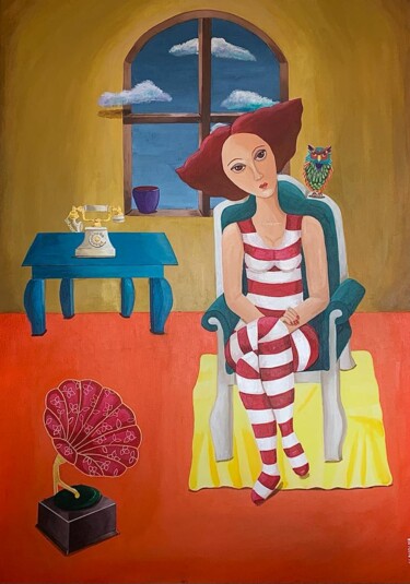 Painting titled "Lady in Red" by Claudine Brantes, Original Artwork, Acrylic