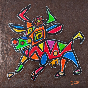 Painting titled "orthodontics cow" by Claudine Bucourt, Original Artwork, Acrylic Mounted on Wood Stretcher frame