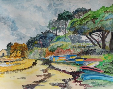 Malerei mit dem Titel "Langle -Morbihan" von Claudine Coutant, Original-Kunstwerk, Aquarell