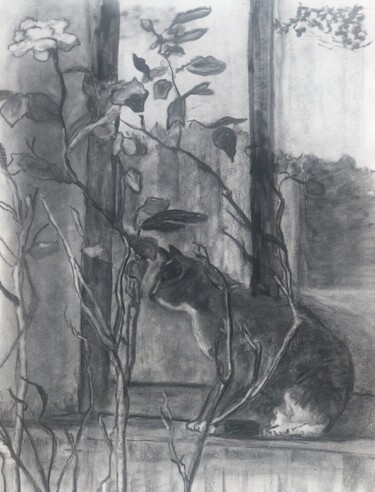 Tekening getiteld "Entre chien et loup" door Claudine Coutant, Origineel Kunstwerk, Houtskool