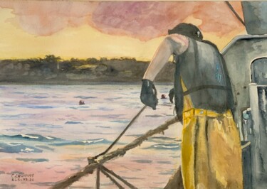 Painting titled "A bord du Fabchon" by Claudine Coutant, Original Artwork, Watercolor