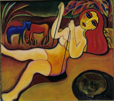 Peinture intitulée "La demoiselle sur l…" par Claudine Gix, Œuvre d'art originale, Huile