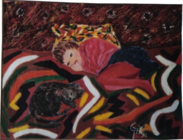 Peinture intitulée "Léa et son chat à 2…" par Claudine Gix, Œuvre d'art originale, Huile