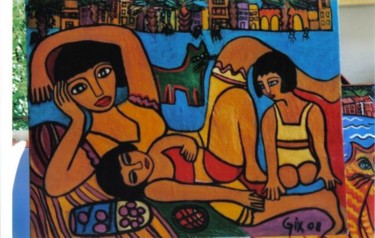 Peinture intitulée "la famille sur la p…" par Claudine Gix, Œuvre d'art originale