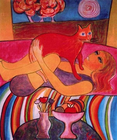 Peinture intitulée "jeune fille au chat…" par Claudine Gix, Œuvre d'art originale, Huile