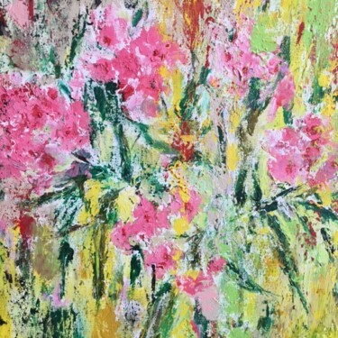 Painting titled "Lauriers roses 2" by Claudine Janel, Original Artwork, Acrylic Mounted on Wood Stretcher frame
