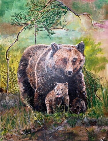 Pintura intitulada "Famille ours" por Claudine Lopez, Obras de arte originais, Óleo