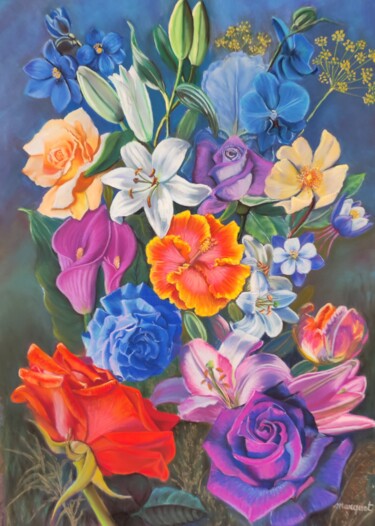 Disegno intitolato "L'hibiscus orange" da Claudine Marquet, Opera d'arte originale, Pastello