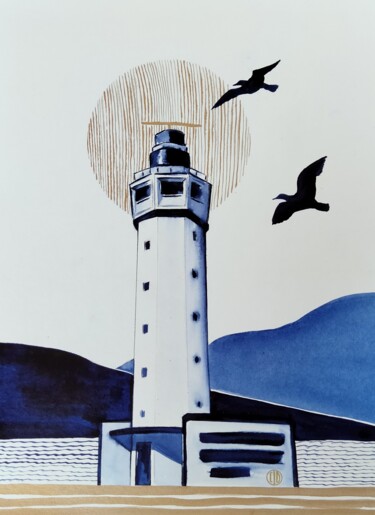 Painting titled "Le phare de La Hève" by Claudine Sieurin, Original Artwork, Ink