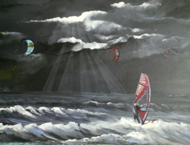 Painting titled "Kitesurfers et wind…" by Claudine Viégas, Original Artwork