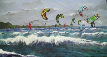 Pittura intitolato "Kitesurfers à St Mi…" da Claudine Viégas, Opera d'arte originale