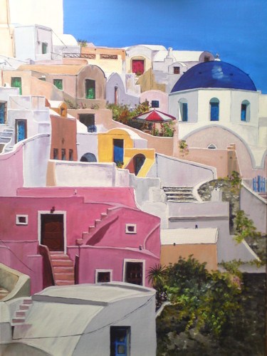 Peinture intitulée "Ile de Santorin Fira" par Claudine Viégas, Œuvre d'art originale, Huile