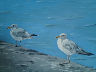 Painting titled "2-mouettes-a-l-herb…" by Claudine Viégas, Original Artwork