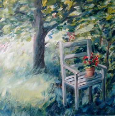 Painting titled "Au jardin" by Claudine Pochat, Original Artwork, Oil