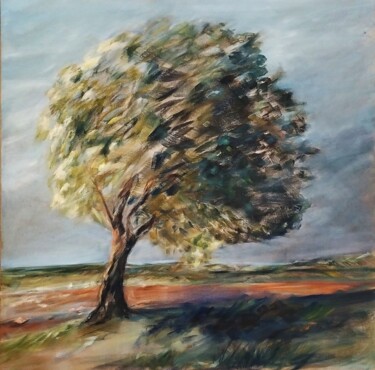 Peinture intitulée "Arbre au vent" par Claudine Pochat, Œuvre d'art originale, Huile