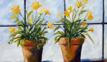 Painting titled "Fleurs jaunes" by Claudine Pochat, Original Artwork, Oil