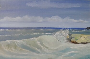 Painting titled "Mare mosso a Gabicc…" by Claudio Fiocchi, Original Artwork, Oil Mounted on Wood Stretcher frame