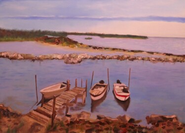 Painting titled "Barche nel delta de…" by Claudio Fiocchi, Original Artwork, Oil Mounted on Wood Stretcher frame