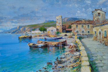 Painting titled "The fishing village…" by Claudio Pallini, Original Artwork, Oil Mounted on Other rigid panel
