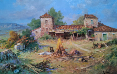 Pintura intitulada "Farm courtyard - Tu…" por Claudio Pallini, Obras de arte originais, Óleo Montado em Outro painel rígido