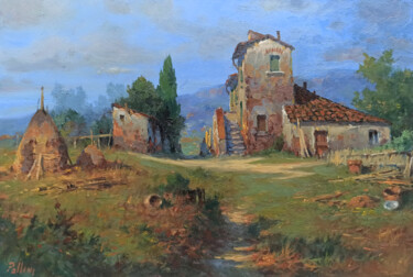 Painting titled "Tuscany summer land…" by Claudio Pallini, Original Artwork, Oil Mounted on Other rigid panel