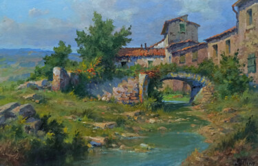 Painting titled "Landscape with stre…" by Claudio Pallini, Original Artwork, Oil Mounted on Other rigid panel
