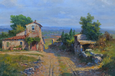 Peinture intitulée "Towards the village…" par Claudio Pallini, Œuvre d'art originale, Huile Monté sur Autre panneau rigide