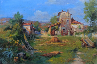 Painting titled "Farm courtyard - Tu…" by Claudio Pallini, Original Artwork, Oil Mounted on Other rigid panel