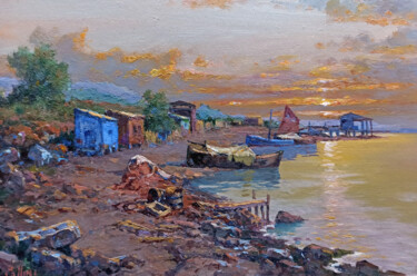 Malarstwo zatytułowany „Sunset on the river…” autorstwa Claudio Pallini, Oryginalna praca, Olej Zamontowany na Inny sztywny…