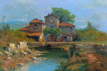 Painting titled "Country cottage on…" by Claudio Pallini, Original Artwork, Oil Mounted on Other rigid panel