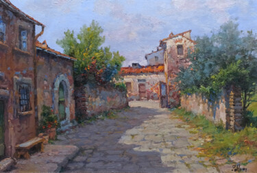 Painting titled "Village alley - Tus…" by Claudio Pallini, Original Artwork, Oil Mounted on Other rigid panel