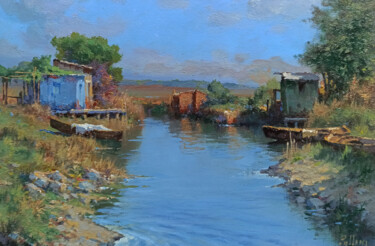 Painting titled "River with fishing…" by Claudio Pallini, Original Artwork, Oil Mounted on Other rigid panel