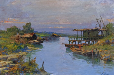 Painting titled "Sunset on the river…" by Claudio Pallini, Original Artwork, Oil Mounted on Other rigid panel