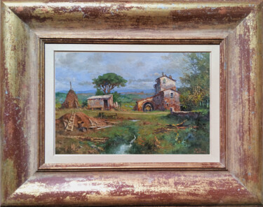 Painting titled "Farmhouse in summer…" by Claudio Pallini, Original Artwork, Oil Mounted on Other rigid panel