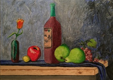Painting titled "Bottle and fruits" by Claudio Suenaga, Original Artwork, Oil