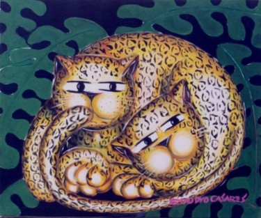 Pintura intitulada "Gatonça na samambaia" por Claudyo Casares, Obras de arte originais