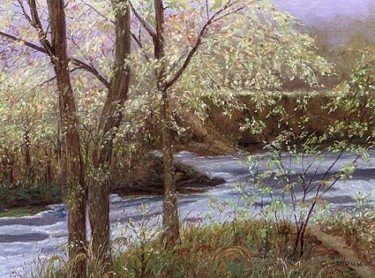 Peinture intitulée "Rivière en automne" par Cécile Ledoux, Œuvre d'art originale