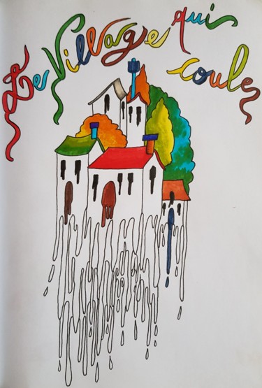 Dessin intitulée "Le village qui coule" par Clémence Bedu, Œuvre d'art originale, Marqueur