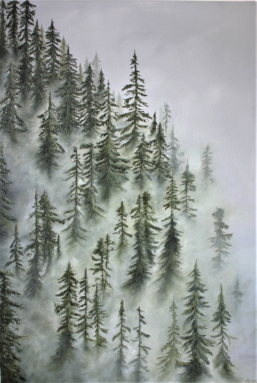 Painting titled "Brume" by Clemence Pressac, Original Artwork, Oil Mounted on Wood Stretcher frame