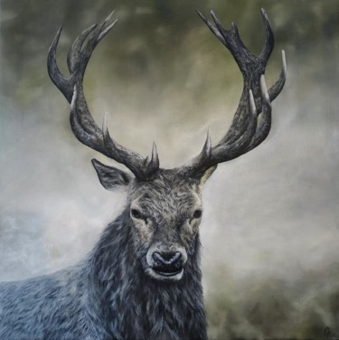 Painting titled "Cerf" by Clemence Pressac, Original Artwork, Oil Mounted on Wood Stretcher frame