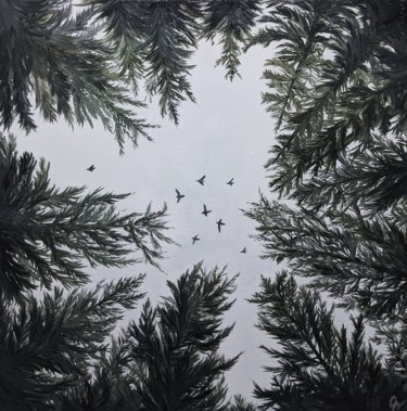 Painting titled "Sous les arbres" by Clemence Pressac, Original Artwork, Oil Mounted on Wood Stretcher frame