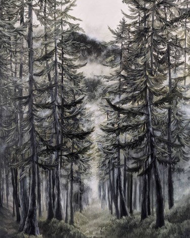 Painting titled "Dans la forêt" by Clemence Pressac, Original Artwork, Oil Mounted on Wood Stretcher frame