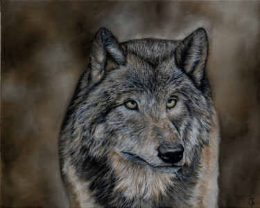 Painting titled "Loup" by Clemence Pressac, Original Artwork, Oil Mounted on Wood Stretcher frame