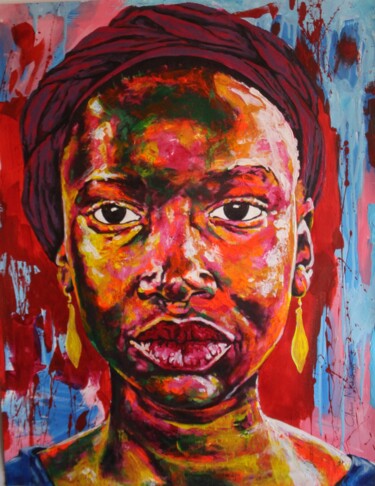 Painting titled ""Lady with golden e…" by Clement Mohale, Original Artwork, Acrylic