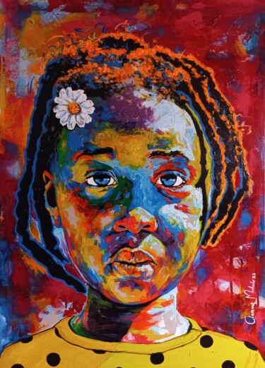 Painting titled ""Young girl with a…" by Clement Mohale, Original Artwork, Acrylic Mounted on Wood Stretcher frame