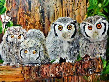 Painting titled "Four Snow Owls in F…" by Clement Tsang, Original Artwork, Oil