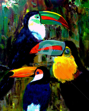 Картина под названием "Three Toucans in th…" - Clement Tsang, Подлинное произведение искусства, Масло