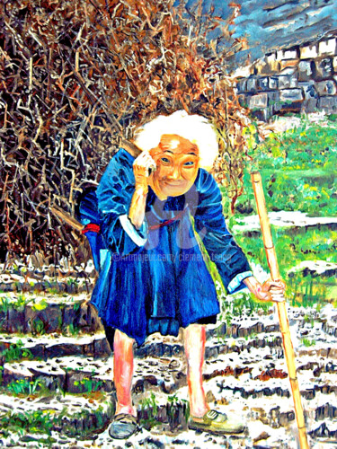 Schilderij getiteld "O-An Old Woman Pick…" door Clement Tsang, Origineel Kunstwerk, Olie