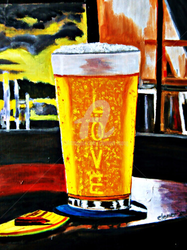 Schilderij getiteld "O-Cold Beer in Bar" door Clement Tsang, Origineel Kunstwerk, Olie