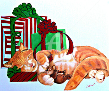 Картина под названием "Cat and Mice Sleepi…" - Clement Tsang, Подлинное произведение искусства, Масло